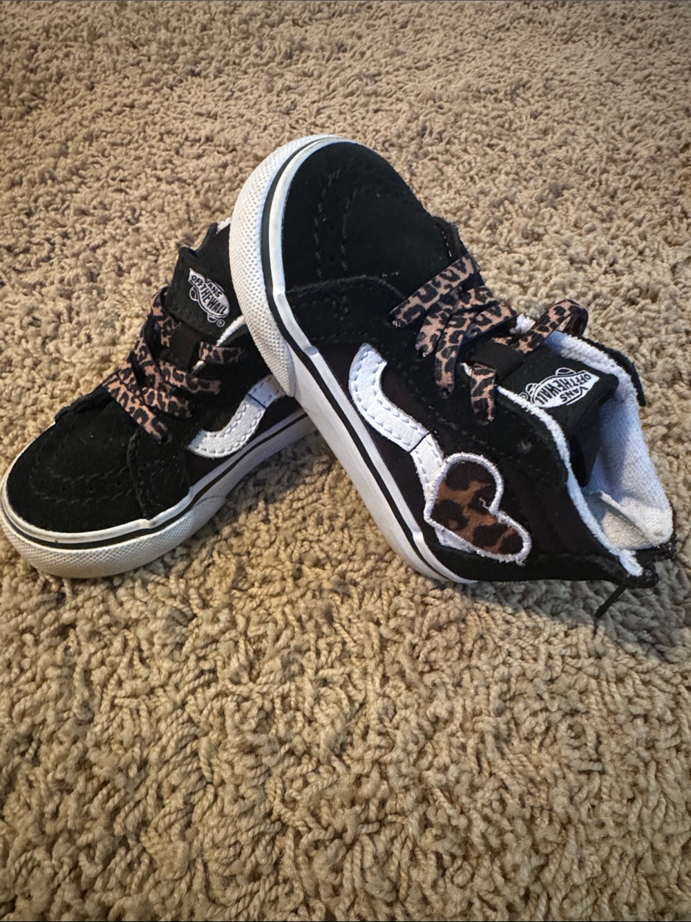 Vans Kids Black Suede Sneakers with White Stripe and Leopard Accents